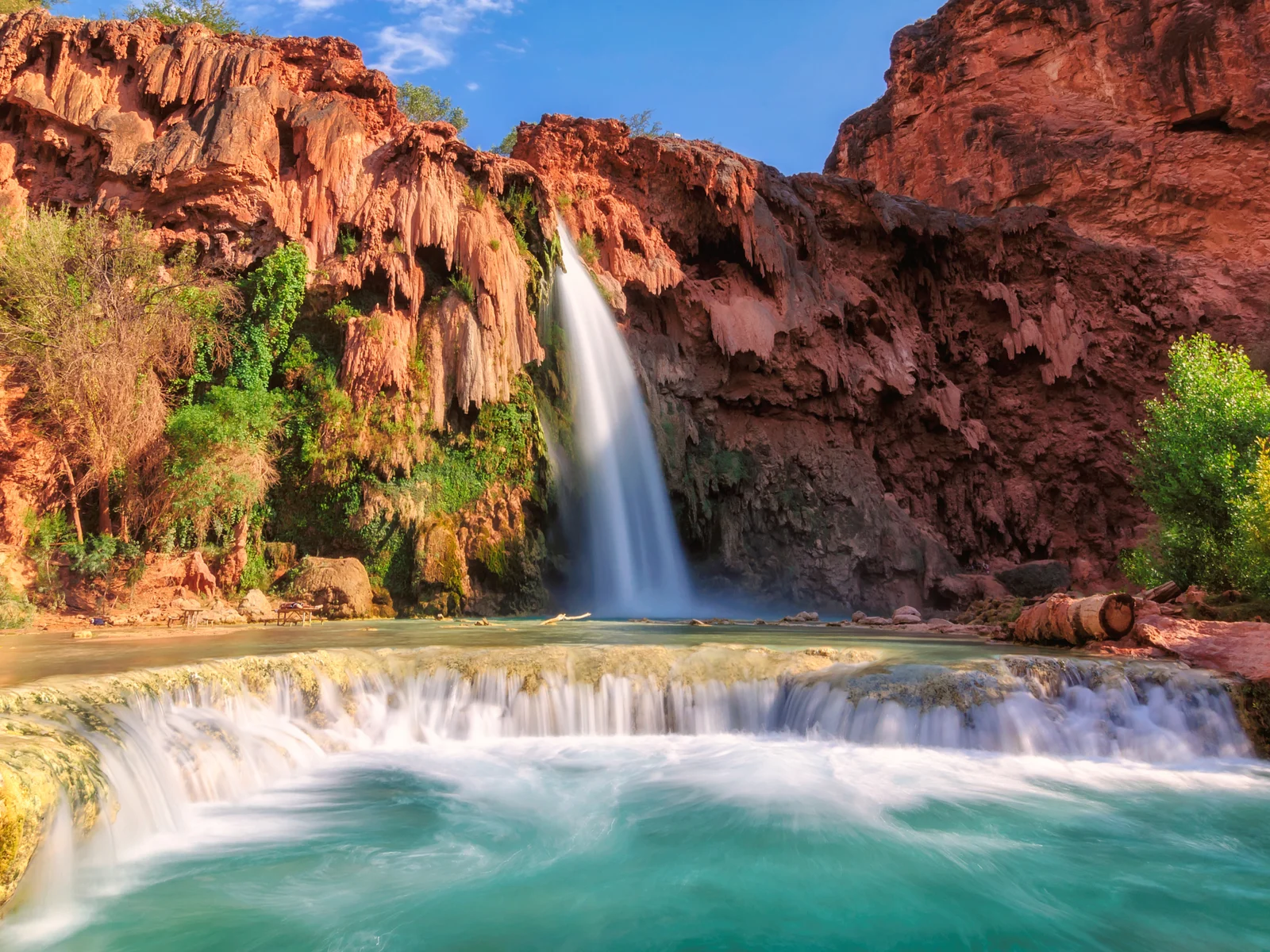 Summer view of the blue water at Havasupai Falls