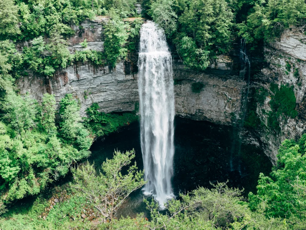 Overhead view of the mesmerizing Fall Creek Falls Waterfall, one of the most visited state park and one of the best places to visit in Tennessee