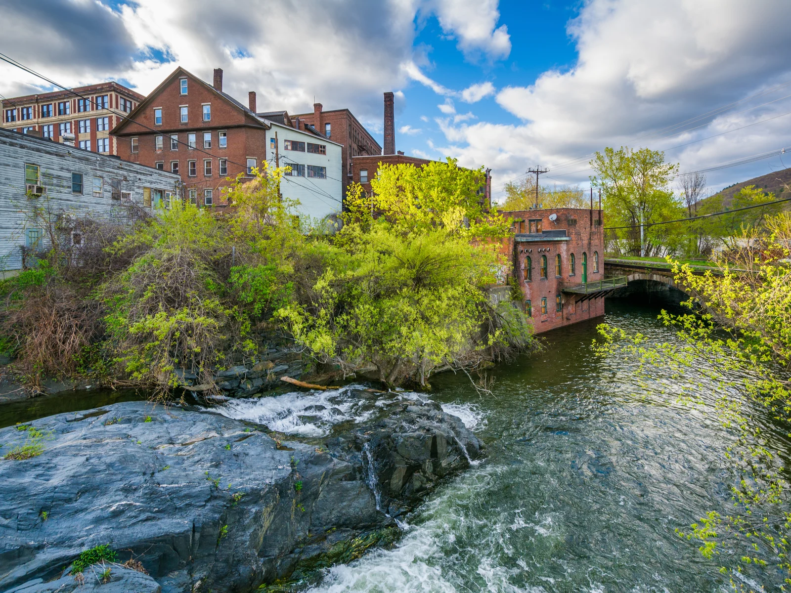 Rapids in the creek in front of Brattleboro, one of the best places to visit in Vermont