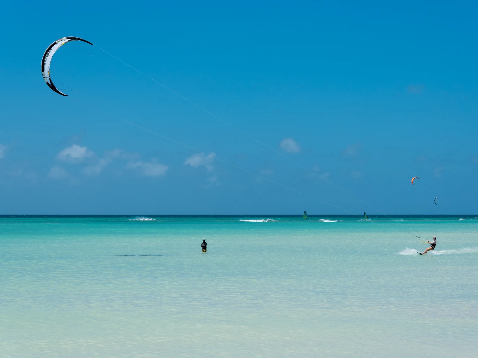 Several people Kiteboarding at the perfect spot for windsurfing and kitesurfing in one of the best beaches in Aruba, Hadicurari Beach during a bright sunny day