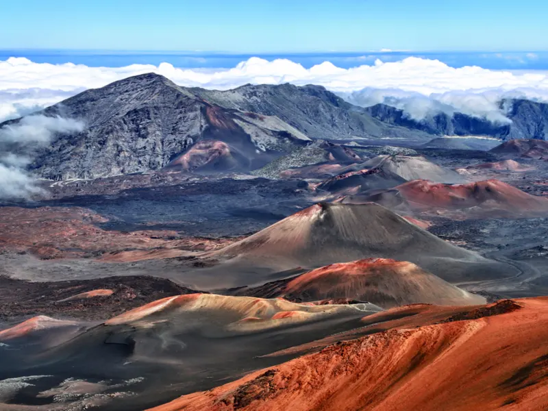 Volcanoes National Park, one of the best national parks in the USA, as viewed from the top of a crater