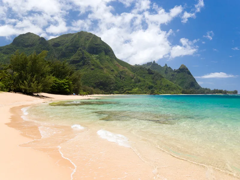 Haena beach park, one of the best beaches in Hawaii, shown without many tourists