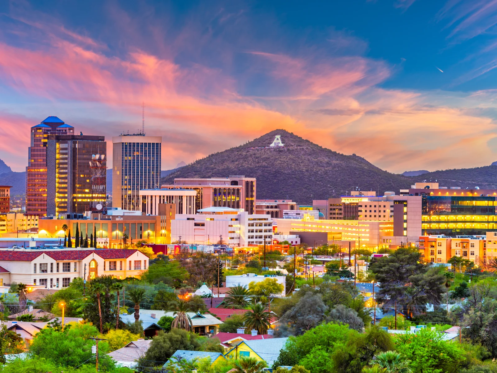 Sun setting over A Mountain in Tucson, one of the best places to visit in Arizona