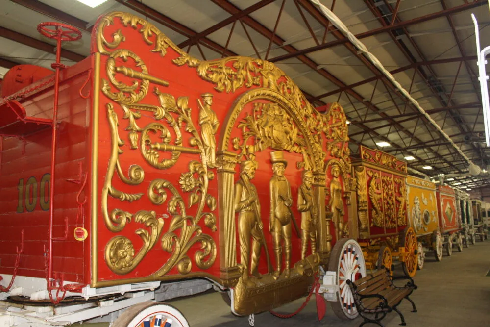 Ornate red and gold carriages at Circus World Museum, one of the best Wisconsin tourist attractions