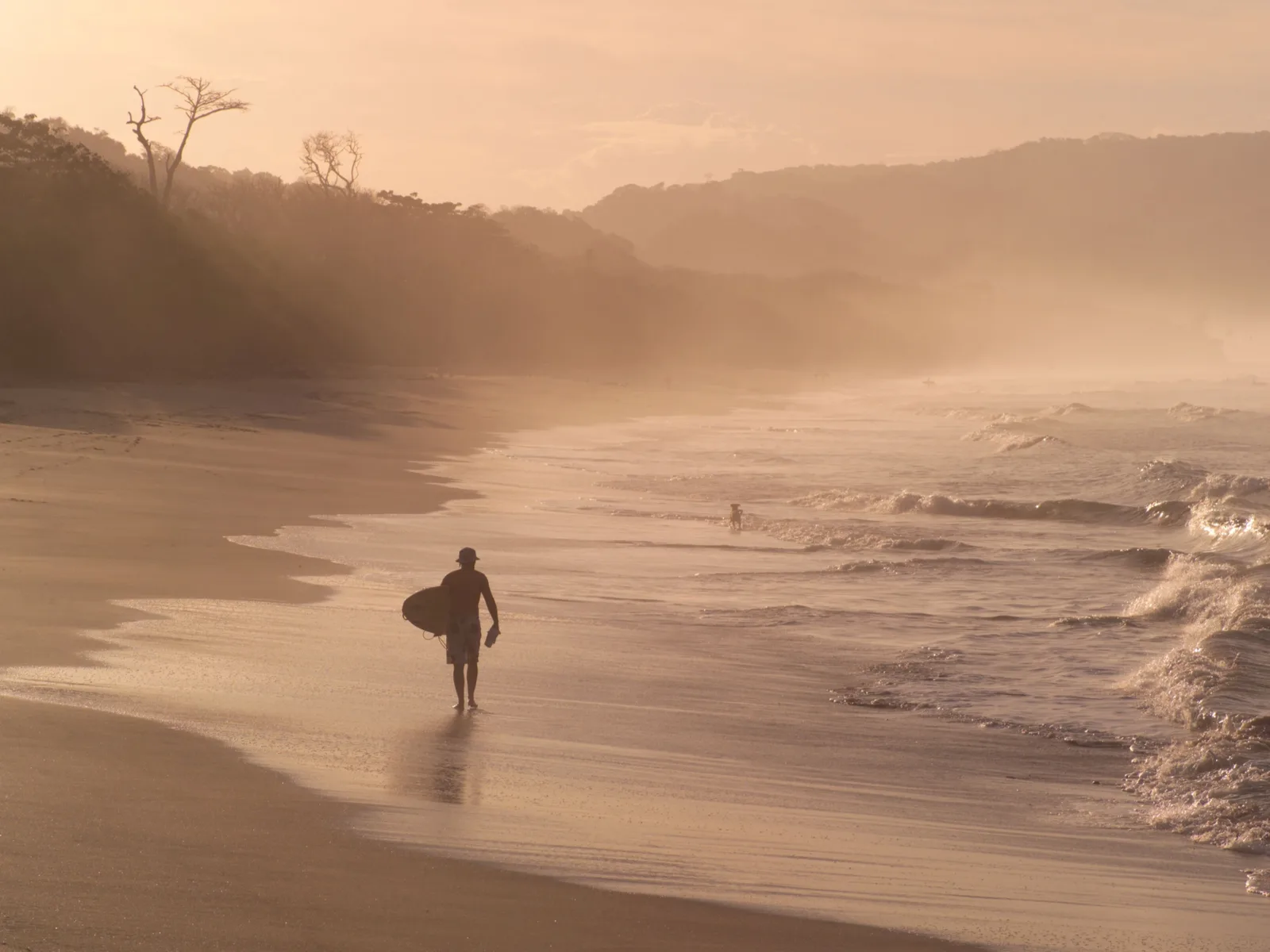 Unique of a surfer walking in one of Costa Rica's best places to visit, Malpais, on a misty day